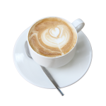 Cup of coffee, with a saucer and a teaspoon on the side.
