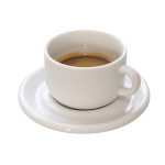 A white saucer and cup, with espresso inside.