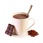 A cup of hot chocolate, with some cocoa powder and a bar of chocolate on the side.