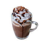 A glass cup of hot chocolate with whipped cream and chocolate syrup on top.