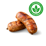 Two sausages, with a green symbol in the top-right corner of the image stating "vegetarian"