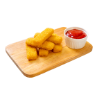 A platter of fish fingers, with a pot of ketchup on the side