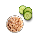 a small bowl of tuna mayo mixture and some cucumber slices