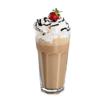 A glass full of chocolate milkshake, with whipped cream, syrup, and a strawberry on top